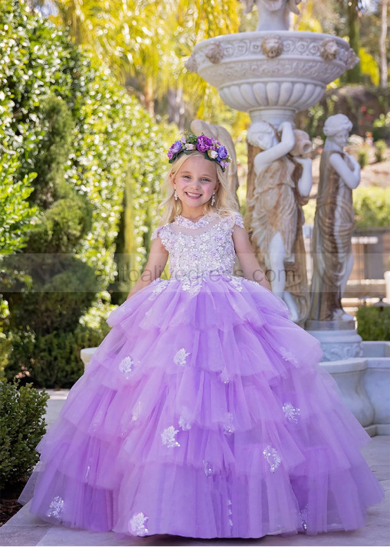 Lilac Beaded 3D Lace Flowers Ruffled Tulle Fairytale Flower Girl Dress